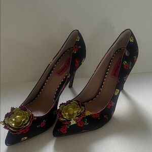 Betsy Johnson  Kamile Black Heels with Red and Yellow Floral Accents